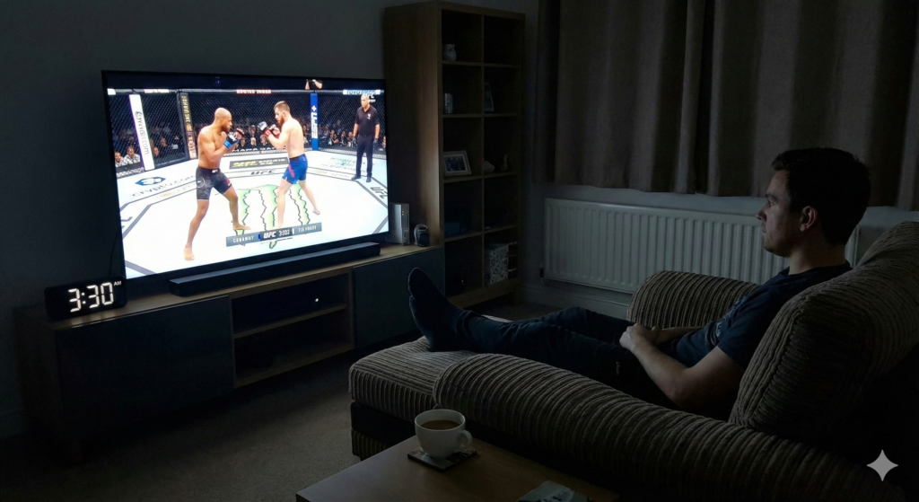 Man watching UFC 324 live stream in UK at 3AM without buffering